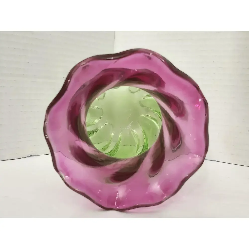 Vintage 1990s Teleflora Pink Green Swirl Art Glass Fluted Ruffled Vase